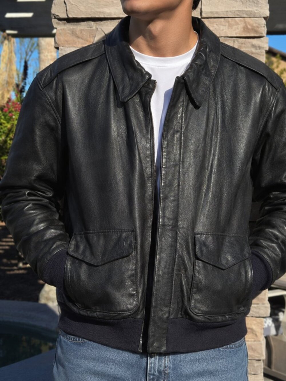 Vintage Top Gun Airborne Bomber Leather Jacket With Gunner Pins On Collar Sz: XL